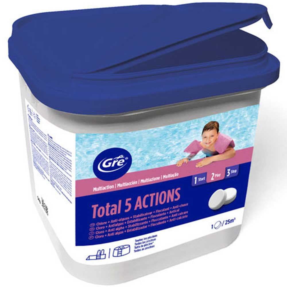 Gre 76036L 5 azioni Pastiglie da 250 gr per acqua di Piscina - 5 kg | Trattamento completo Multiazione: Igienizzante, Elimina alghe, flocculante, stabilizzante, anticalcarea