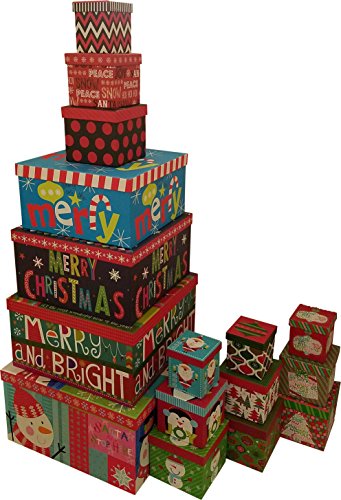 Christmas Boxes, 16 Count Nested, Assorted Large Set with Many Sizes and Prints, fits in one Box (Merry & Bright)