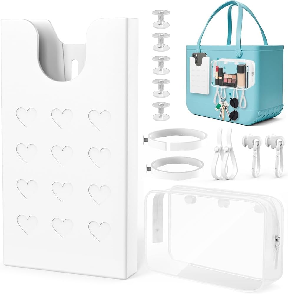 8PCS Accessories for Bogg Bag, Hole Bags Organizer with Phone Holder,Cup Holder & PVC Clear Bags, Hooks and Keychain, Compatible with Original Medium Large Bogg Bag & Other Hole Bag (White)