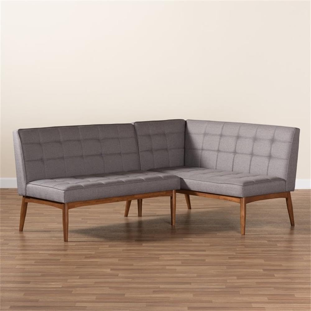 BOWERY HILL 2-Piece Dining Nook Banquette Set, Grey Upholstered Fabric and Walnut Brown Finished Wood, Biscuit Tufted, Tapered Legs, Mid-Century Style, Space-Saving Dining Room Seating