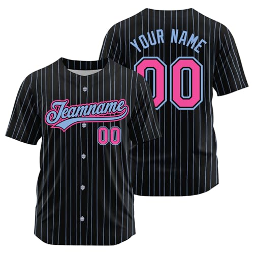 Customized Pinstripe Baseball Jersey Men Women Youth Kids, Printed Stitched Name Number Logo, Black Light Blue Pink Baseball Shirt