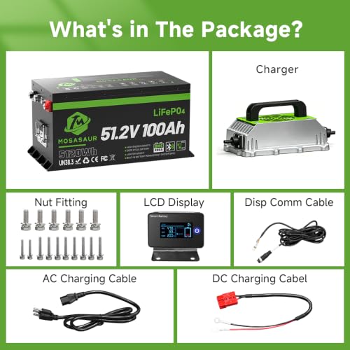 Image of 51.2V 100Ah LiFePO4 Lithium Golf Cart Battery -- Built-in 200A BMS, 58.4V 18A Charger, Bluetooth APP & LCD Display | 300A Peak & 5.12kWh Power, 4000+ Cycles & 3‑Year Warranty