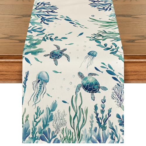 Artoid Mode Schildkröten Meeresalge Wasserpflanzen Sommer Tischläufer, Saisonnal Küche Esstisch Dekoration Drinnen Urlaub Party Dekor 40x180 cm