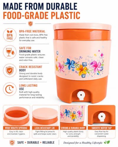 Image of Plastic Water Jug | Food Grade | Insulated Water jug Cool Chilled Water Camper jar (Orange & Cream, 15 litres)