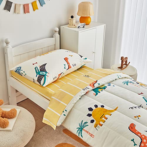 Joyreap 4 Piece Dinosaur Toddler Bedding Set, 100% Cotton, Colorful Dino Print on Cream White, Includes Quilted Comforter, Fitted Sheet, Top Sheet, Pillow Case