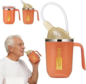 3 in 1 Beakers for Elderly 400ml, Non Spill Cups for Elderly, with 30cm Long Straw, Handle and Leakproof Lid, Adult Sippy Cups for Bedridden Seniors, Dysphagia & Disability Care (Orange)