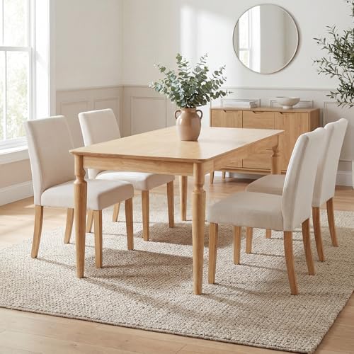 Image of Farmhouse Dining Table for 4-6, 59 inch Solid Wood Kitchen Table with Turned Legs, Rectangular Rustic Wooden Dining Table for Dining Room, Kitchen or Home Office, Natural Finish