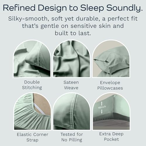 Image of Olive + Crate Tencel Lyocell Eucalyptus Queen Size Sheet Set - Cooling Tencel Sheets for Hot Sleepers with 18 Inch Deep Pocket Fit - Spring Sage 4-Piece Set