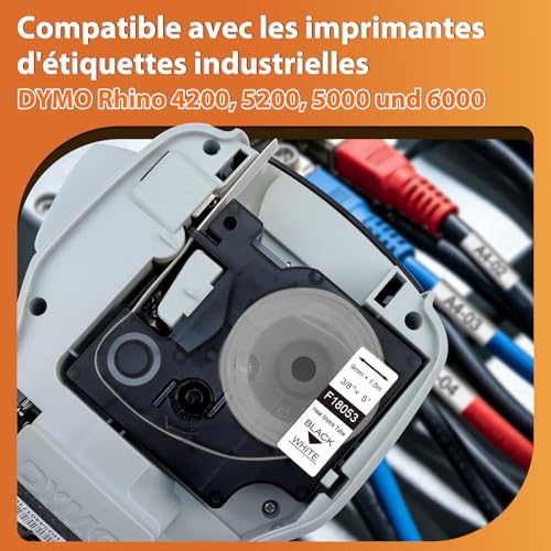 18053 Étiquettes thermorétractables pour tube 9 mm pour Rhino 5200, remplacement des étiquettes thermorétractables Dymo Rhino 18053, noir sur blanc, étiqueteuses Dymo 4200, 5200, 5000, 6000 – vue 2