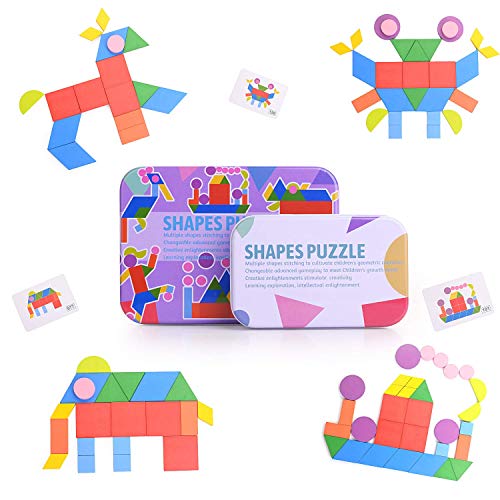 HellDoler Tangram Puzzle Bambini,34 Pezzi Tangram Legno Puzzle in Legno Tangram Montessori Giocattoli con 60 Carte di Design