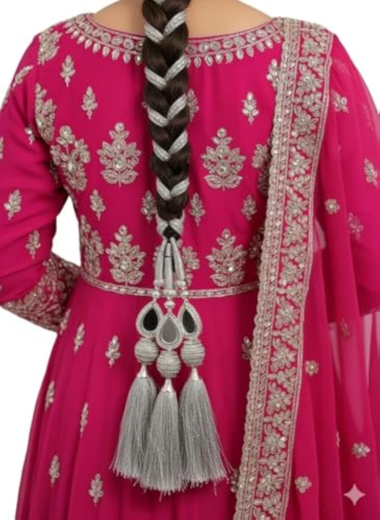 Long Black Choti Hair Accessory with Beads & Mirror
