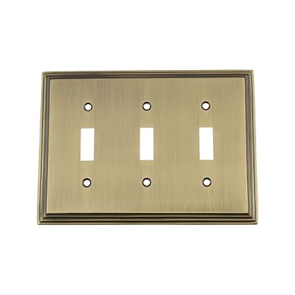 Nostalgic Warehouse 719736 Deco Switch Plate with Triple Toggle, Antique Brass