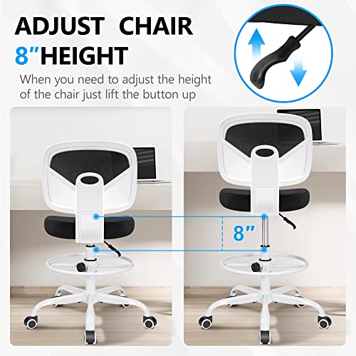 Image of Primy Armless Mid-Back Ergonomic Standing Desk Chair - Mesh Rolling Tall Chair, Adjustable Height and Footring, Art Room, Office or Home (White)