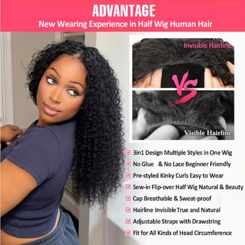 Image of WENYAN Kinky Curly Half Wig Human Hair 26 Inch Glueless Wigs Natural Black | 180% Density,3 In 1 Drawstring Seamless Flip Over Curly Half Wigs for Black Women,Headband Wig Wear and Go Beginner Friendly