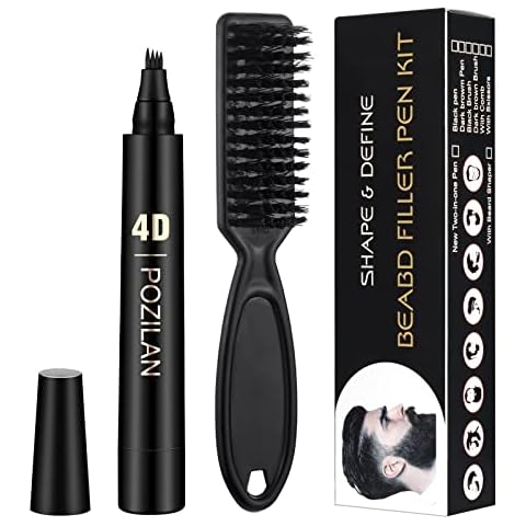 Long-Lasting Water-Resistant Black Men's Beard Grooming Kit - Micro-Fork Tip Pen, Bristle Brush for Natural Looking Mustache, Eyebrows, and Facial Hair Styling Cover