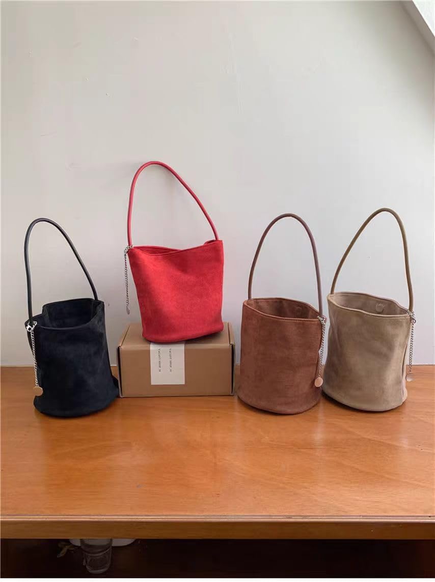 Trendy Suede Hobo Bags for Women Faux Suede Bucket Shoulder Bag Retro Slouchy Work Bag Top-handle Small Tote Handbag