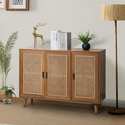 Hulala Home Accent Storage Cabinet With 3 Natural Rattan Doors & Wood Legs, 2-Tier Shelf Sideboard Buffet Cabinet, Cupboard Console Table For Living Room, Entryway, Dining Room, Hallway (Walnut) #TOP7