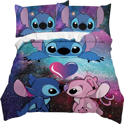 Parure De Lit Stitch & Angel 1 Personne - Housse De Couette 140x200 + Taie 65x65 Cm Polycoton