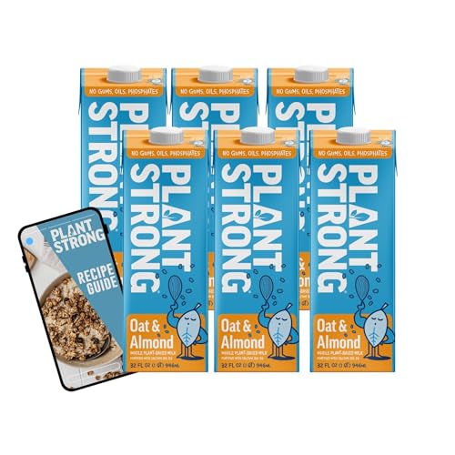 PLANTSTRONG MILK Oat & Almond – Whole Plant-Based Milk, Fortified with Calcium, B12 & D3, No Gums or Oils, Non-GMO Project Verified, Gluten Free, Vegan (6-Pack (32 Fl Oz Each)) + Recipe Guide