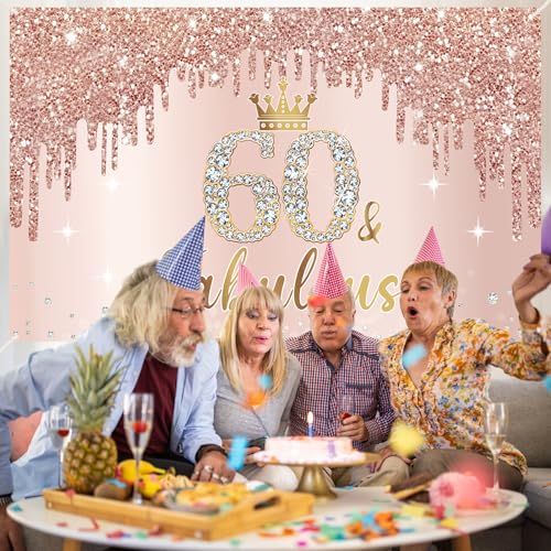 Image of Eucutur Pink Rose Gold 60th Birthday Banner Decorations for Women, Happy 60th Birthday Banner Backdrop Party Supplies, Sixty Years Old Bday Background Photo Sign for Indoor Outdoor
