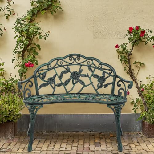 Bonnlo Banc Exterieur Jardin en Aluminium Moulé|Style Vintage avec Motif de Roses|Banquette,Bancs de Jardin Robuste pour Terrasse, Balcon et Patio|Vert Antique