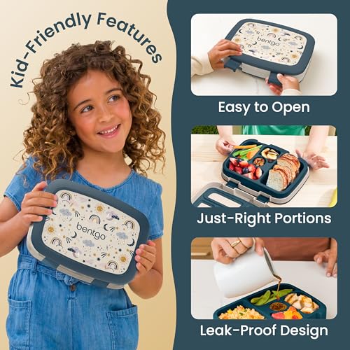 Image of Bentgo Kids Prints Leak-Proof, 5-Compartment Bento-Style Kids Lunch Box - Ideal Portion Sizes for Ages 3-7, Durable, Drop-Proof, Dishwasher Safe, & PFAS & BPA-Free Materials (Friendly Skies)