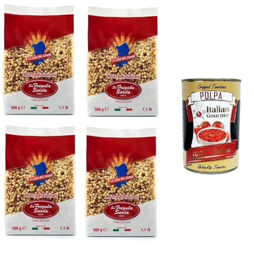 Italian Gourmet Bundle Fregola Sarda 4x 500g + Italian Gourmet Polpa Gratis Sardische Pasta aus Hartweizengrieß geröstete Kügelchen für Tomatensauce Meeresfrüchte Gemüse Suppen Salate & Vorrat