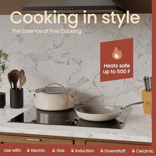 Bakken 12-Piece Aluminum Cookware Set with Ceramic Nonstick Coating, PTFE & PFAS Free, All Stovetop Safe Up To 500°F, Pots and Pans Set with Lids, Silicone Utensils Included, Dishwasher Safe, Cream - Image 4