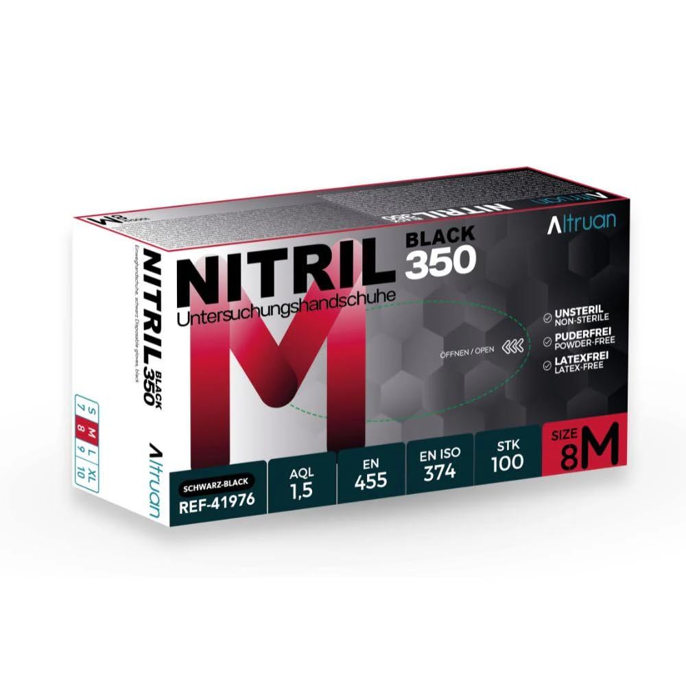 Guanti in nitrile 100/1000 pezzi, blu/nero, nitrile 350, usa e getta, guanti monouso, senza polvere, senza lattice, taglia S - XL (nero, M, cartone)