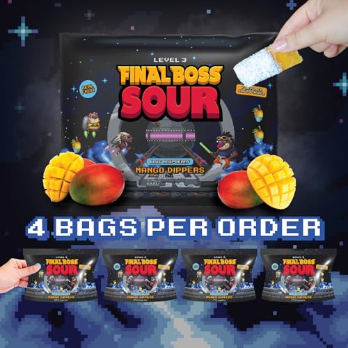 Final Boss Sour, Fun Dip, Extreme Super Sour Blue Raspberry Powder with Real Candy-Tasting Dried Mangoes, (3.5 Ounces Bags, Pack of 4 Bags) - Vintage Old School 80s and 90s Party Candy - Thumbnail 2