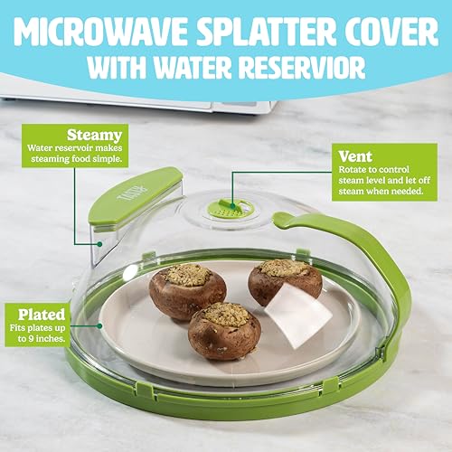 Tasty Microwave Splatter Cover with Built in Water Steamer & Reservoir, Fits Plates up to 9", Helps Retain Moisture and Taste, Keeps Microwave Clean, Dishwasher Safe