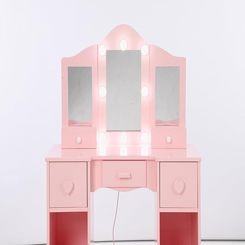 Miniatura 5 de GAOMON Mesa de tocador para niños, tocador para niñas con espejo de tres pliegues, cajón, estantes de almacenamiento abiertos, juego de maquillaje