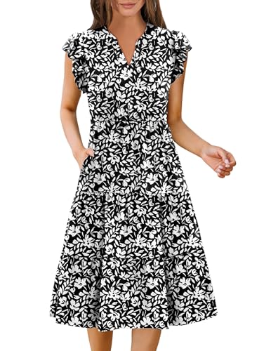 Image of ZEAGOO Womens Summer Casual Dresses Ruffle Sleeve V Neck Midi Dress Flowy Tiered Dress with Pockets Boho Sundresses