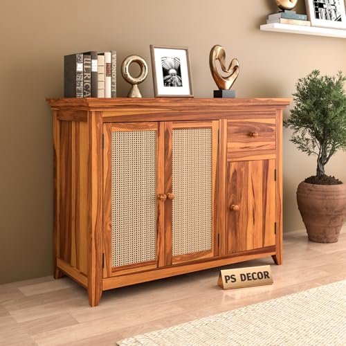 Image of PS DECOR Solid Sheesham Wood Sideboard Cabinet with Rattan Cane Doors & Storage Drawer | Multipurpose Storage Unit for Living Room & Dining Area (B-Natural Finish)