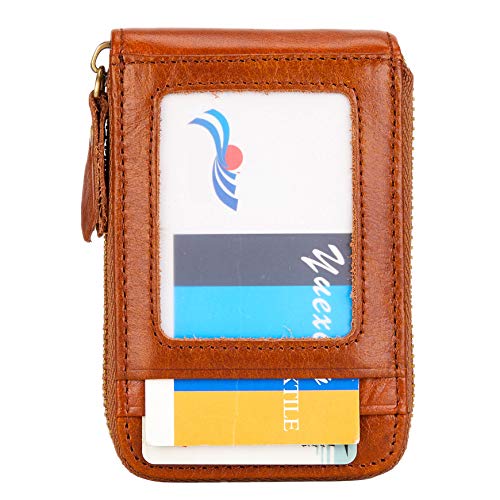 Image of Vintage Handmade Full Leather Front Pocket Wallet RFID Blocking Multi Card Case with Zipper Pocket for Men Women with Box Packing (Brown)