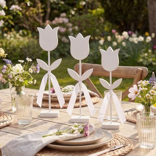 Junkin 3 Pcs Spring Tulip Wood Signs Rustic Farmhouse Flowers Table...