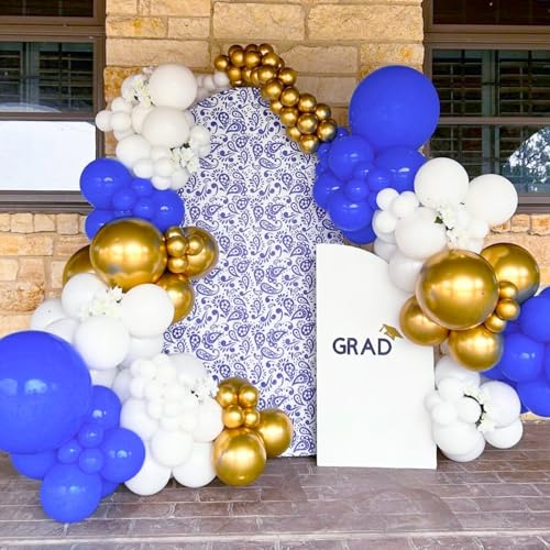 Image of BAUANOOY Royal Blue Gold White balloons, 60pcs 12 Inch Navy Blue Metallic Gold Confetti Balloon for Wedding Graduation Baby Shower Birthday Decorations