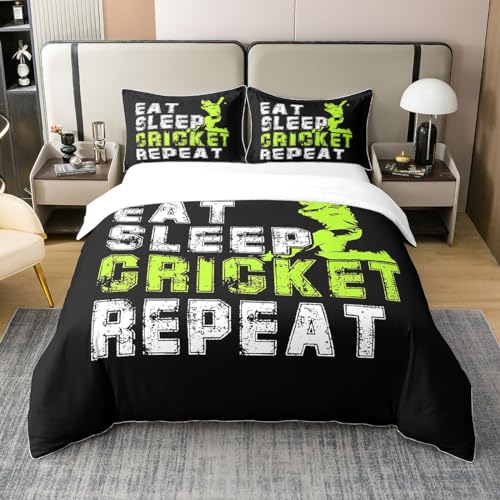 Homewish Boys 100% Cotton Duvet Cover Single,Fluorescent Green Cricket Bedding Set for Kids,Eat Sleep Cricket Comforter Cover,Sports Cricket Player Bed Sets with 1 Pillowcase