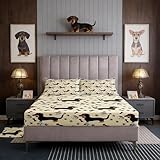 Homewish Cute Dachshund Dog Bed Sheet Set King Size,Cartoon Kawaii Animal Beige Deep Pocket Fitted Sheet,1 Flat,2 Pillowcases,Bones Puppy Paw Print Family Pet Bed Mattress Cover, Bedroom Decor