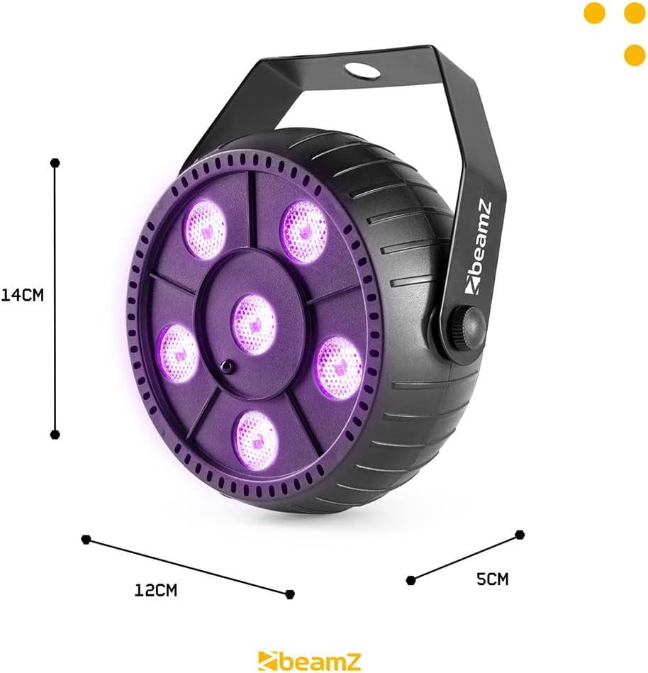 Dimensions of the BeamZ PLP14 blacklight: 12cm length, 14cm width, 5cm height.