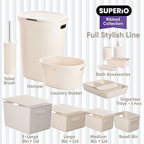 Image of Superio Ribbed Collection - Eco-Friendly Decorative Plastic Laundry Basket with Cut-Out Handles, (2 Pack) Hamper Organzier for Bedroom Bathroom College Dorm Room 35 Liter