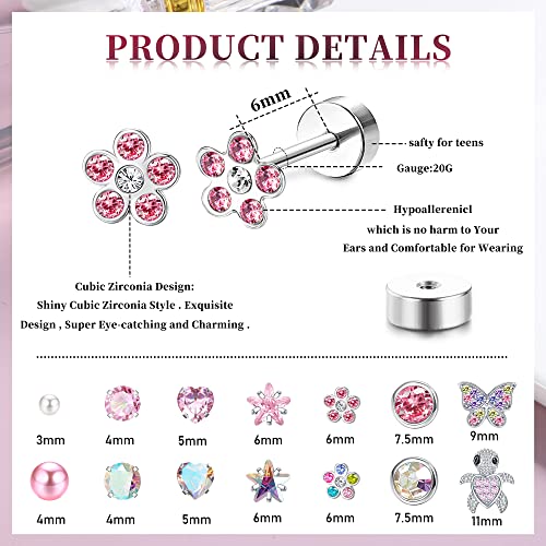 LOYALLOOK 14Pairs Hypoallergenic Screwback Earrings for Women Girls Tiny CZ Pearl Ball Heart Flower Screw Back Earring Studs 316L Stainless Steel Stud Earrings Flatback 20G Over 3 Years Old3
