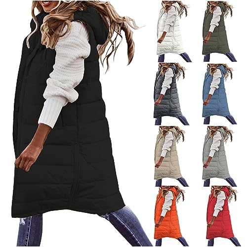 Long Puffer Vest for Women Sleeveless Quilted Jacket Hooded Vests Padded Button Outerwear Winter Coat with Pockets3
