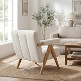 DAYALANE fotel z podłokietnikami, fotel typu Lounge Chair wykonany z sznyclu, nowoczesny fotel z drewnianymi nogami do salonu, sypialni, pokoju wypoczynkowego, kolor owsiankowy