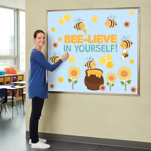Bees & Flowers Cardstock Bee-lieve in Yourself Wall Mural Set - 42 pieces by Fun Express - Image 2
