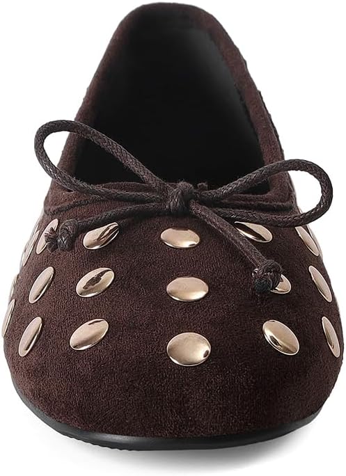 SOVANYOU Women's Studded Mary Jane Ballet Flats Closed Round Toe Flat with Bow Slip on Ballerina Flats Comfortable Walking Ballet Shoes Work Shoes