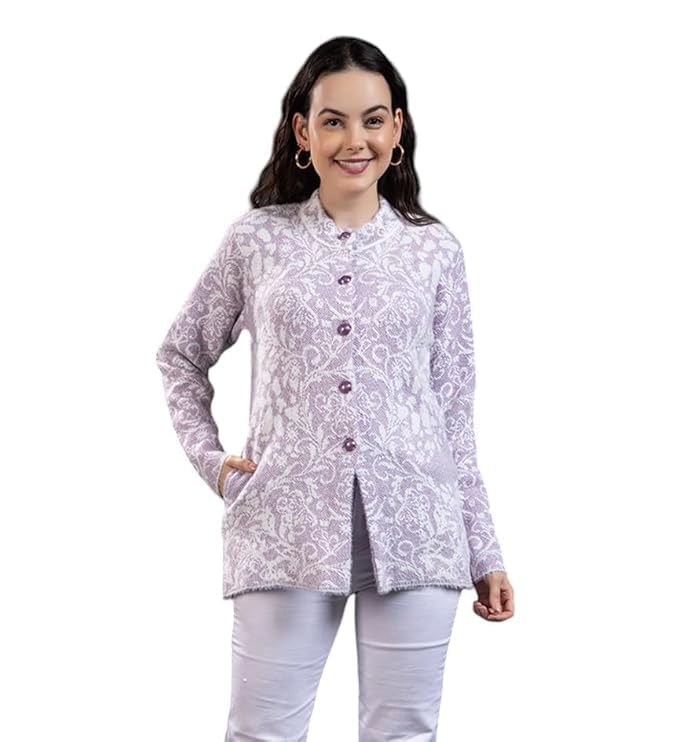 Image of Wear lusso Women Woolen Round Neck Self Design Cardigan | Heavy Hair Fabric Winter Wear | Pure Wool Long Cotty Fully Warm Cardigan Sweater