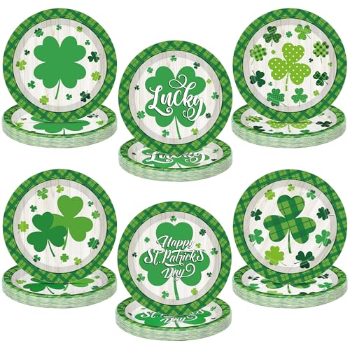 50 Pcs St. Patricks Day Plates, Disposable Green St. Patricks Day Decorations, 9" Shamrock Shaped Plates, 6 Designs Paper Lucky Plate Irish Decor for Irish Holiday Party Supplies Table Decorations