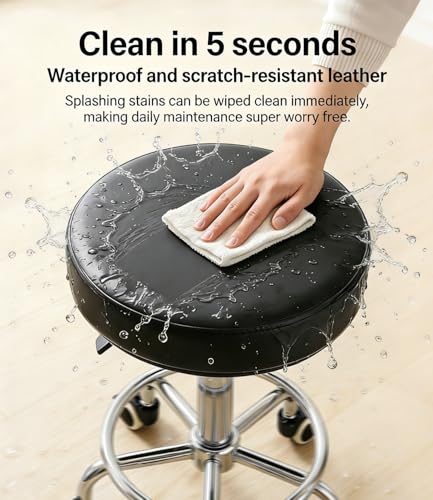 Image of Adjustable Rolling Stool with Wheels 500lb,Thick 9.5cm Cushion,30-Second Assembly,Heavy Duty Round Rolling Stool with Footrest,Patent Leather For Drafting Stool Chair Work Spa Salon Seat(Black)