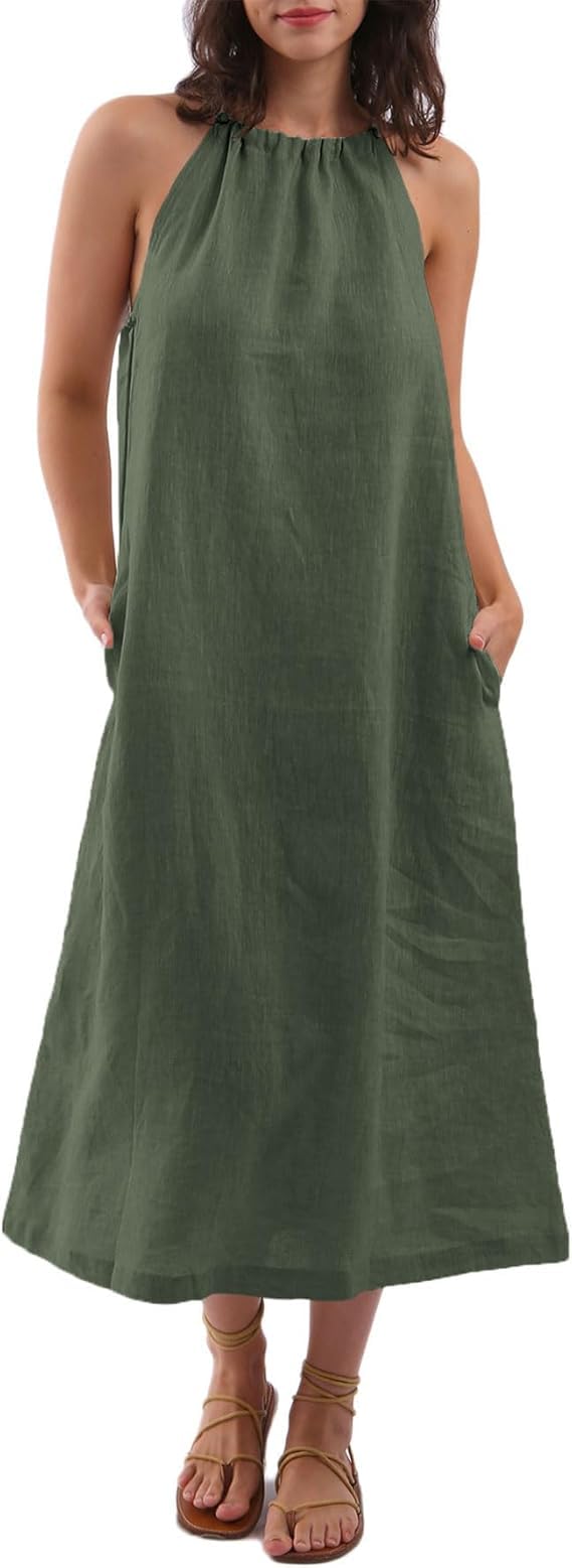 Amazhiyu Abito estivo da donna, in lino, estivo, lungo, da spiaggia, senza maniche, girocollo, maxi abito per il tempo libero, con coulisse e tasche